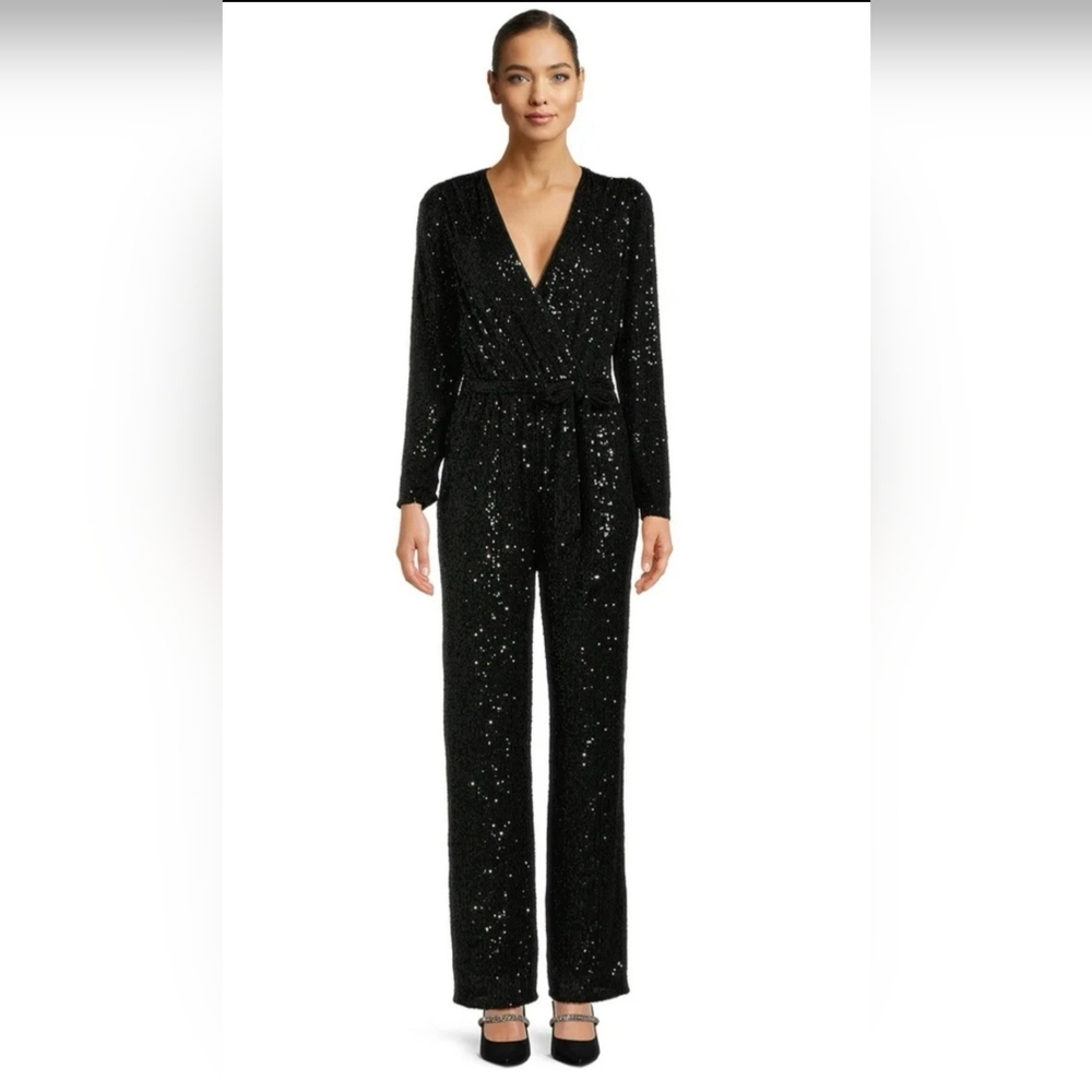 BCBG PARIS | XXL 2XL WOMEN'S SEQUIN JUMPSUIT 1 PIECE OUTFIT | BLACK LONG SLEEVE